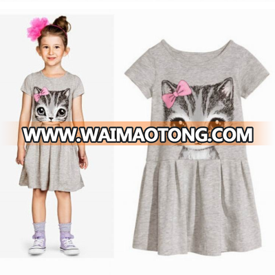 AL1025G Factory wholesale bowknot cartoon cat floral printing summer children dress