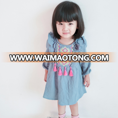 AL1032G Hot selling checks tassels embroidery cotton dresses for girls of 6 years old